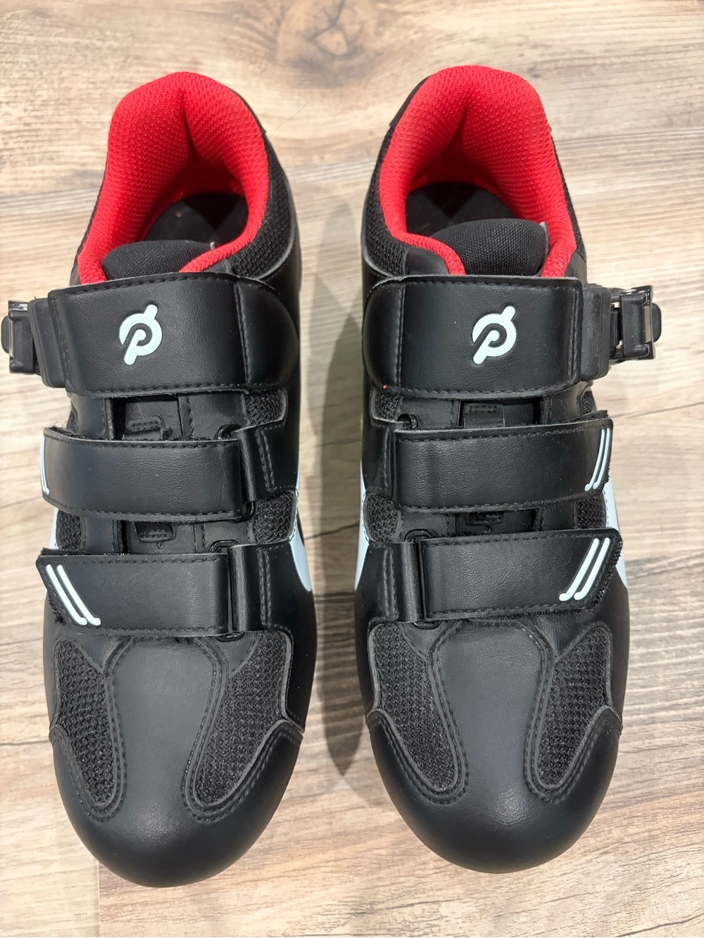 Peloton Black Cycling Shoes with Red Interior and White Accents